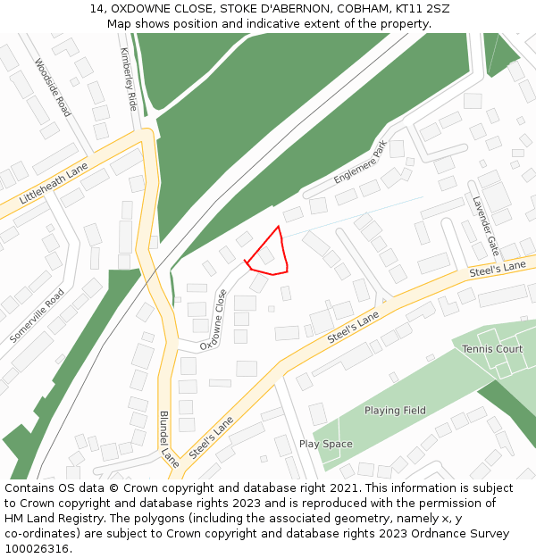 14, OXDOWNE CLOSE, STOKE D'ABERNON, COBHAM, KT11 2SZ: Location map and indicative extent of plot