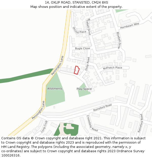 14, OXLIP ROAD, STANSTED, CM24 8XS: Location map and indicative extent of plot