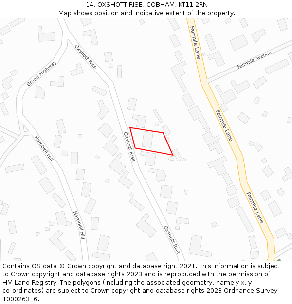 14, OXSHOTT RISE, COBHAM, KT11 2RN: Location map and indicative extent of plot