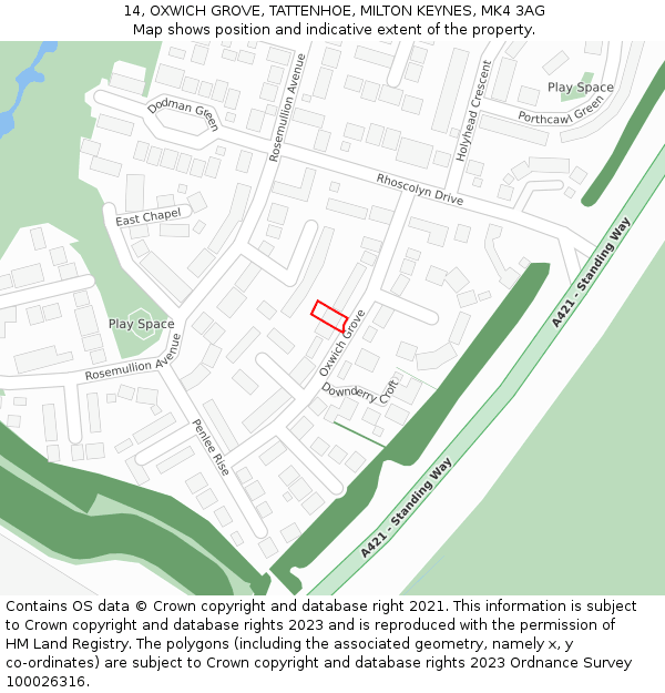 14, OXWICH GROVE, TATTENHOE, MILTON KEYNES, MK4 3AG: Location map and indicative extent of plot