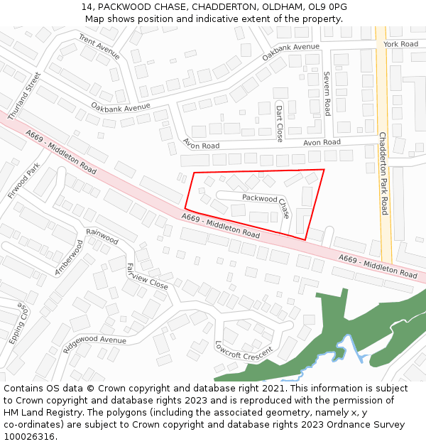 14, PACKWOOD CHASE, CHADDERTON, OLDHAM, OL9 0PG: Location map and indicative extent of plot