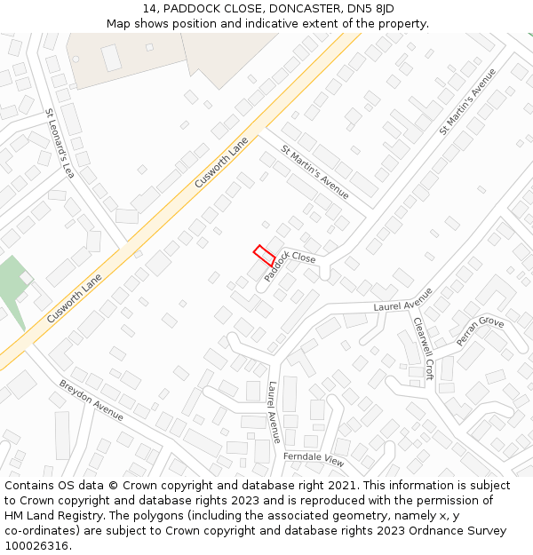 14, PADDOCK CLOSE, DONCASTER, DN5 8JD: Location map and indicative extent of plot