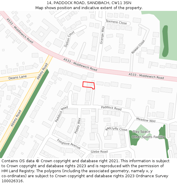 14, PADDOCK ROAD, SANDBACH, CW11 3SN: Location map and indicative extent of plot