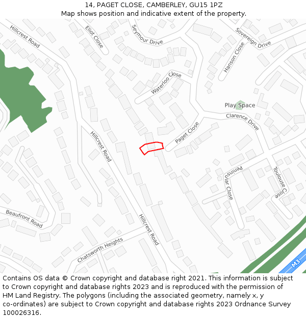 14, PAGET CLOSE, CAMBERLEY, GU15 1PZ: Location map and indicative extent of plot