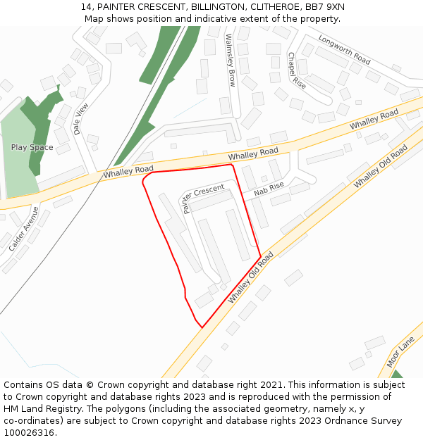 14, PAINTER CRESCENT, BILLINGTON, CLITHEROE, BB7 9XN: Location map and indicative extent of plot