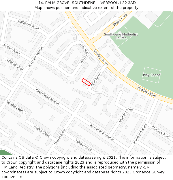 14, PALM GROVE, SOUTHDENE, LIVERPOOL, L32 3AD: Location map and indicative extent of plot