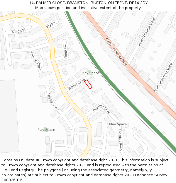 14, PALMER CLOSE, BRANSTON, BURTON-ON-TRENT, DE14 3DY: Location map and indicative extent of plot