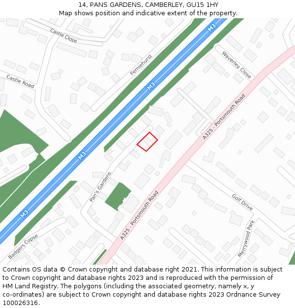 14, PANS GARDENS, CAMBERLEY, GU15 1HY: Location map and indicative extent of plot