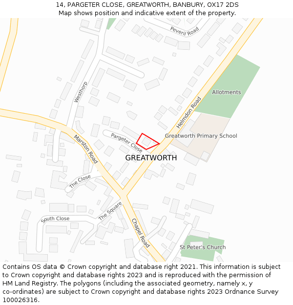 14, PARGETER CLOSE, GREATWORTH, BANBURY, OX17 2DS: Location map and indicative extent of plot