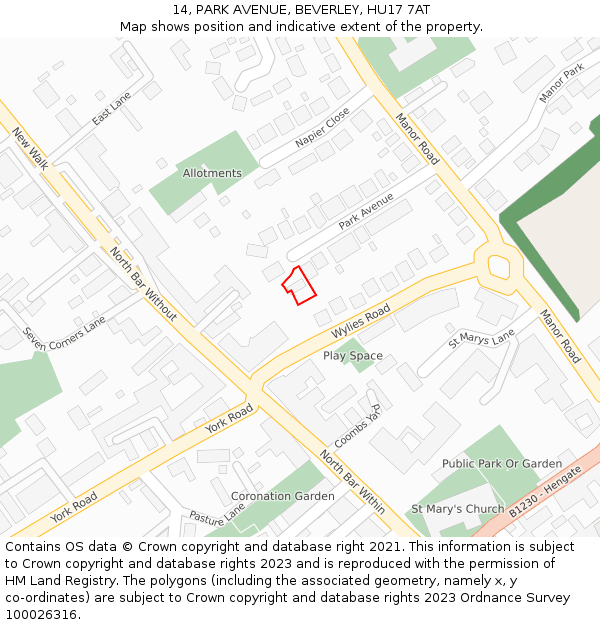 14, PARK AVENUE, BEVERLEY, HU17 7AT: Location map and indicative extent of plot