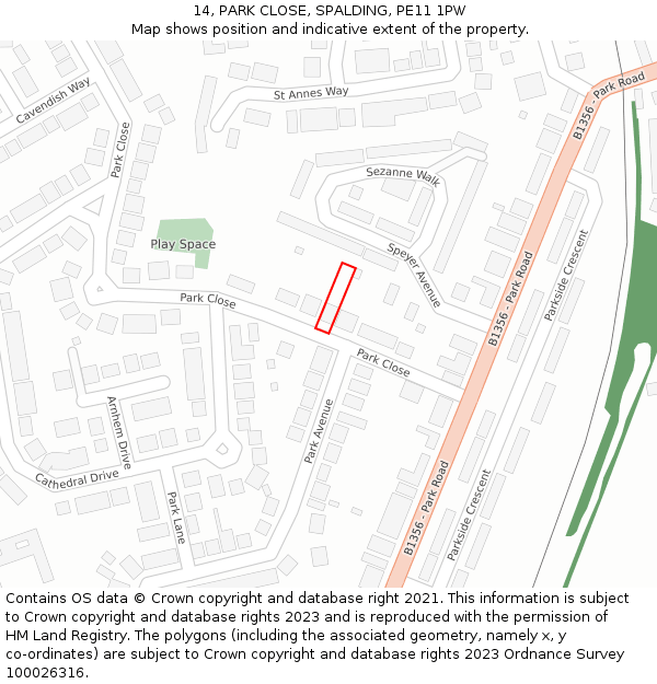 14, PARK CLOSE, SPALDING, PE11 1PW: Location map and indicative extent of plot