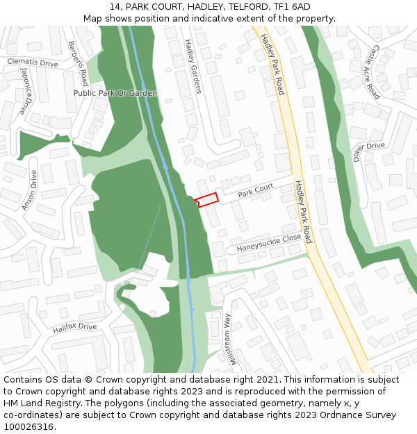14, PARK COURT, HADLEY, TELFORD, TF1 6AD: Location map and indicative extent of plot