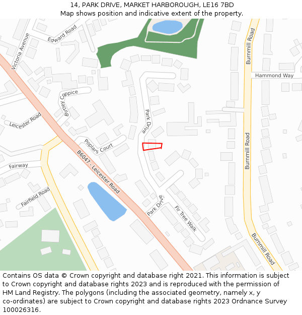 14, PARK DRIVE, MARKET HARBOROUGH, LE16 7BD: Location map and indicative extent of plot