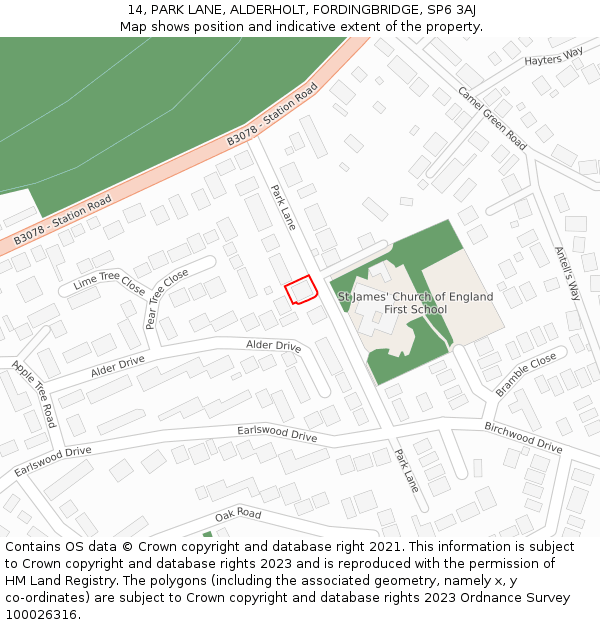 14, PARK LANE, ALDERHOLT, FORDINGBRIDGE, SP6 3AJ: Location map and indicative extent of plot