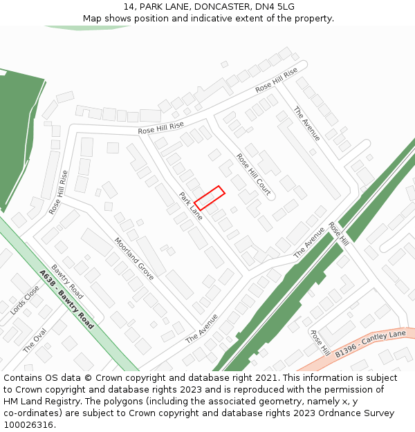 14, PARK LANE, DONCASTER, DN4 5LG: Location map and indicative extent of plot