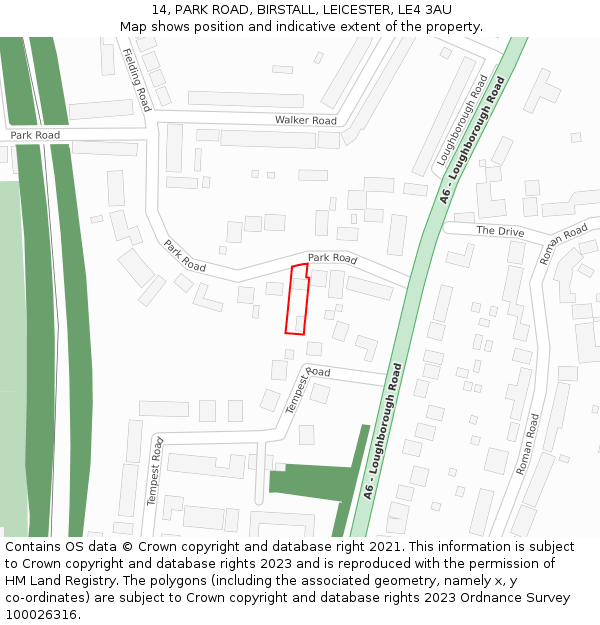 14, PARK ROAD, BIRSTALL, LEICESTER, LE4 3AU: Location map and indicative extent of plot