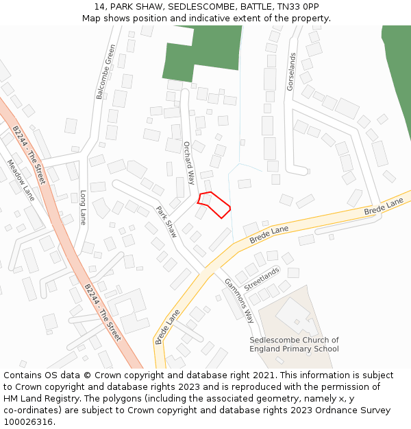 14, PARK SHAW, SEDLESCOMBE, BATTLE, TN33 0PP: Location map and indicative extent of plot