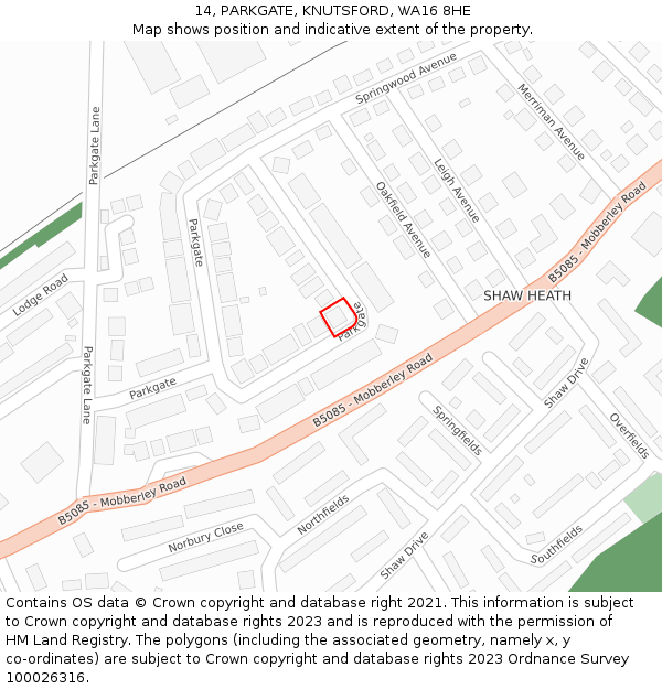 14, PARKGATE, KNUTSFORD, WA16 8HE: Location map and indicative extent of plot