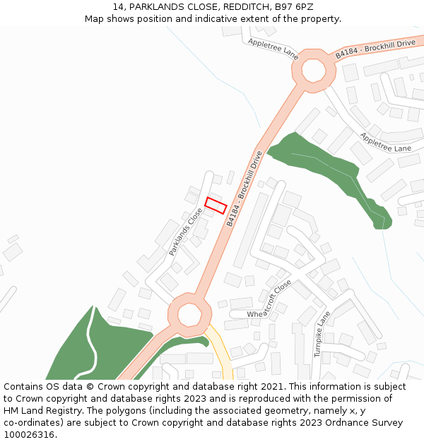 14, PARKLANDS CLOSE, REDDITCH, B97 6PZ: Location map and indicative extent of plot