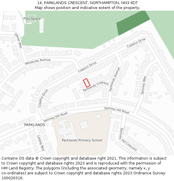 14, PARKLANDS CRESCENT, NORTHAMPTON, NN3 6DT: Location map and indicative extent of plot