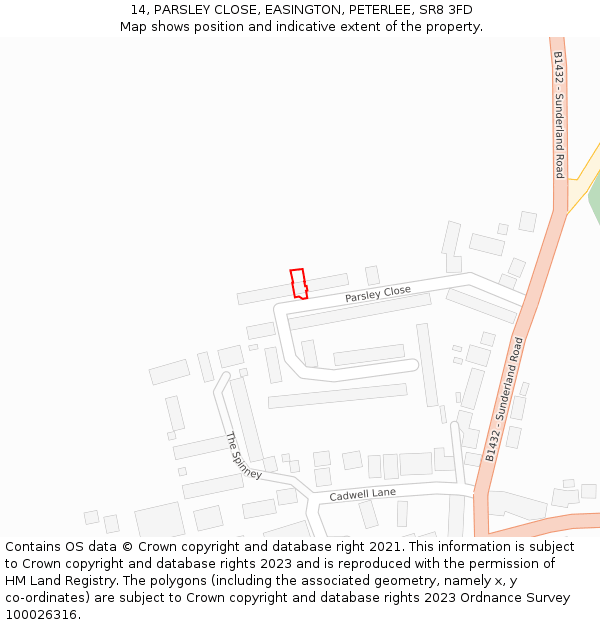 14, PARSLEY CLOSE, EASINGTON, PETERLEE, SR8 3FD: Location map and indicative extent of plot