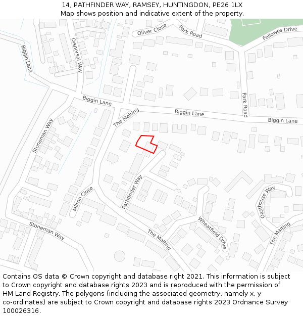 14, PATHFINDER WAY, RAMSEY, HUNTINGDON, PE26 1LX: Location map and indicative extent of plot