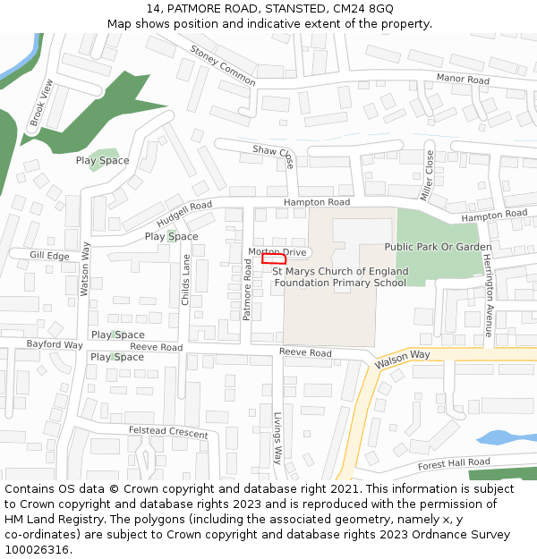 14, PATMORE ROAD, STANSTED, CM24 8GQ: Location map and indicative extent of plot