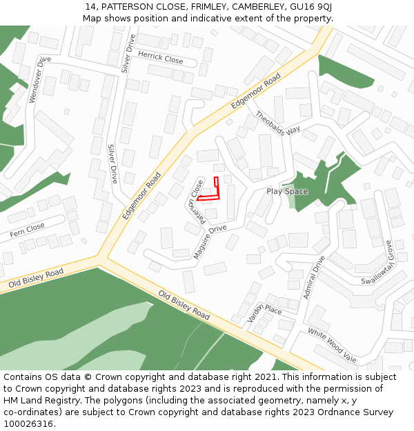 14, PATTERSON CLOSE, FRIMLEY, CAMBERLEY, GU16 9QJ: Location map and indicative extent of plot