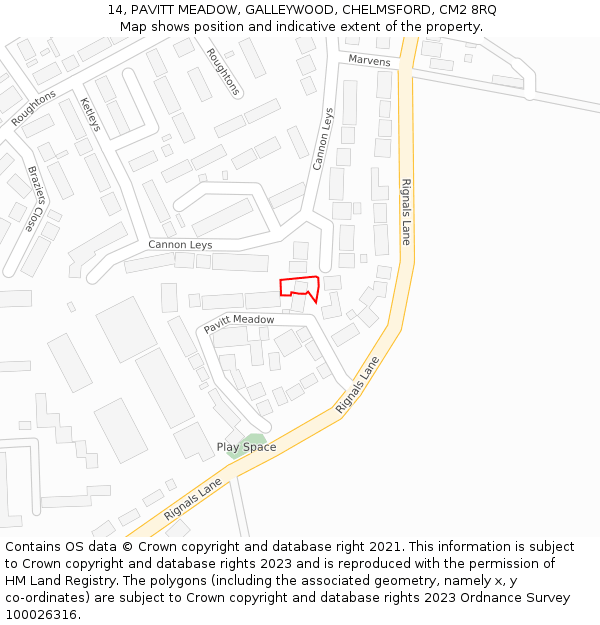 14, PAVITT MEADOW, GALLEYWOOD, CHELMSFORD, CM2 8RQ: Location map and indicative extent of plot