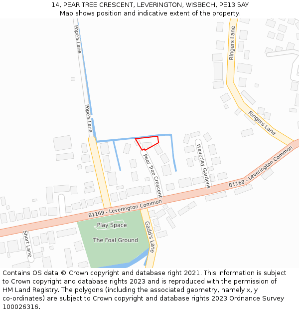 14, PEAR TREE CRESCENT, LEVERINGTON, WISBECH, PE13 5AY: Location map and indicative extent of plot