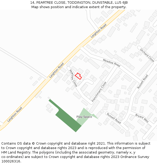 14, PEARTREE CLOSE, TODDINGTON, DUNSTABLE, LU5 6JB: Location map and indicative extent of plot