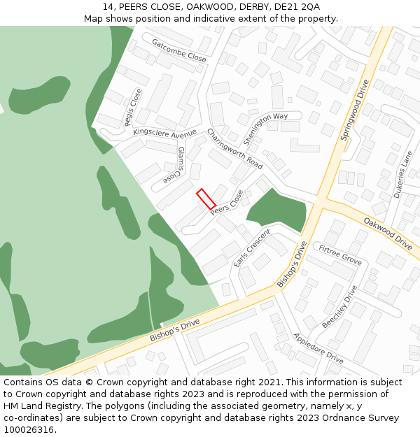 14, PEERS CLOSE, OAKWOOD, DERBY, DE21 2QA: Location map and indicative extent of plot