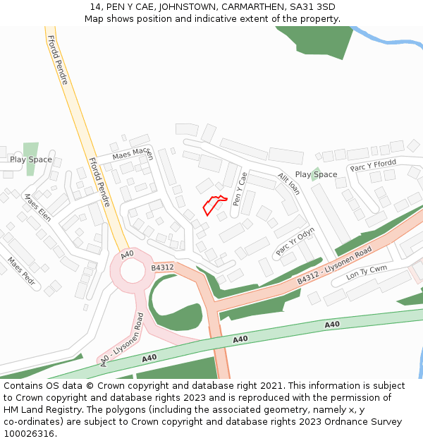 14, PEN Y CAE, JOHNSTOWN, CARMARTHEN, SA31 3SD: Location map and indicative extent of plot