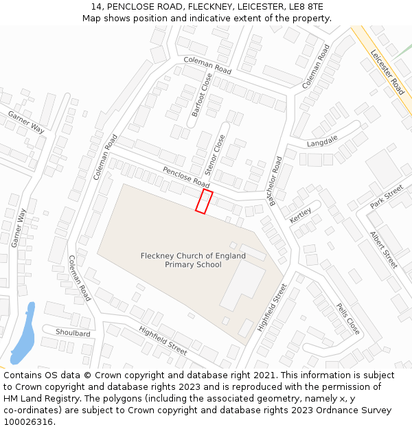 14, PENCLOSE ROAD, FLECKNEY, LEICESTER, LE8 8TE: Location map and indicative extent of plot