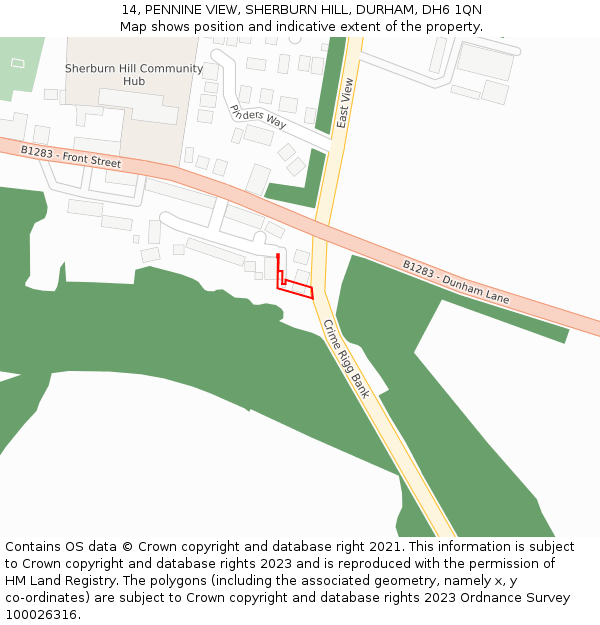 14, PENNINE VIEW, SHERBURN HILL, DURHAM, DH6 1QN: Location map and indicative extent of plot