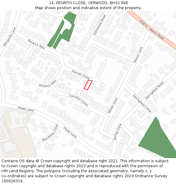 14, PENRITH CLOSE, VERWOOD, BH31 6XE: Location map and indicative extent of plot