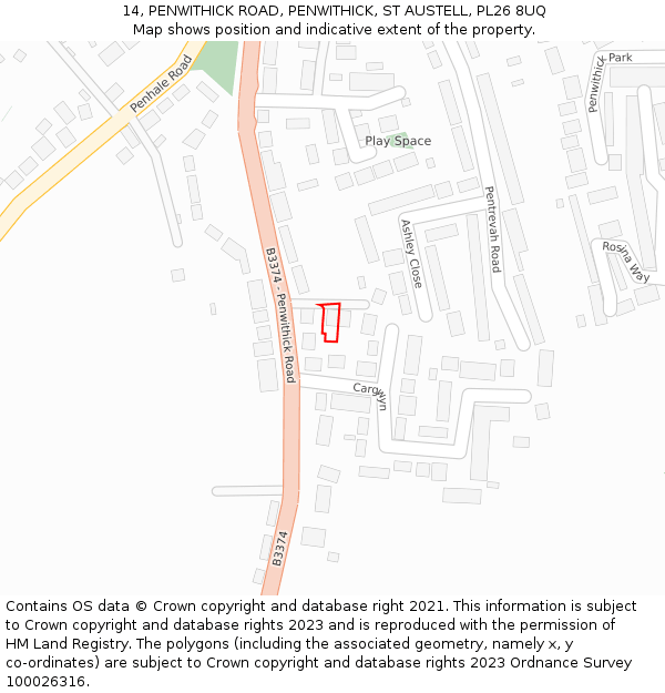 14, PENWITHICK ROAD, PENWITHICK, ST AUSTELL, PL26 8UQ: Location map and indicative extent of plot