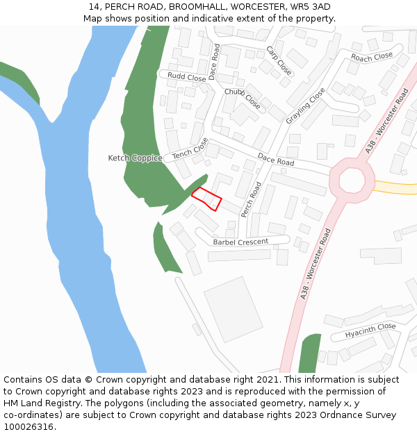 14, PERCH ROAD, BROOMHALL, WORCESTER, WR5 3AD: Location map and indicative extent of plot