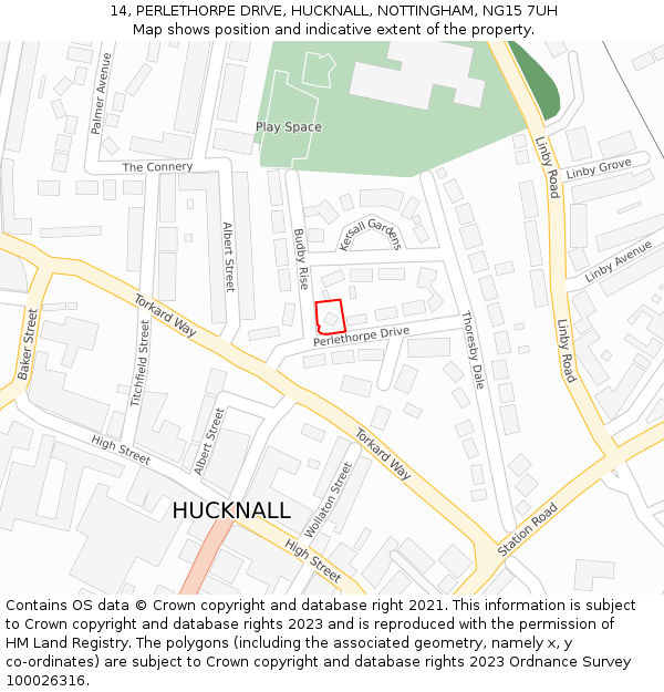 14, PERLETHORPE DRIVE, HUCKNALL, NOTTINGHAM, NG15 7UH: Location map and indicative extent of plot