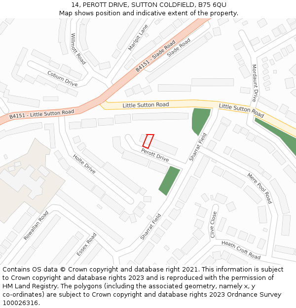 14, PEROTT DRIVE, SUTTON COLDFIELD, B75 6QU: Location map and indicative extent of plot