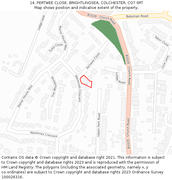 14, PERTWEE CLOSE, BRIGHTLINGSEA, COLCHESTER, CO7 0RT: Location map and indicative extent of plot