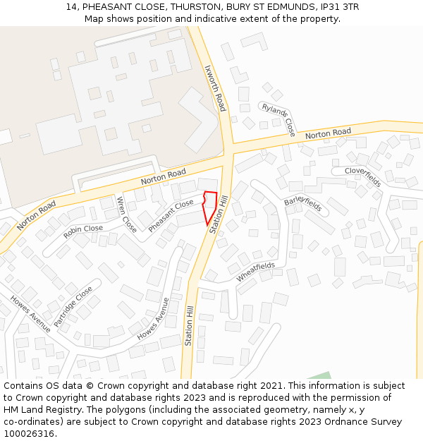 14, PHEASANT CLOSE, THURSTON, BURY ST EDMUNDS, IP31 3TR: Location map and indicative extent of plot