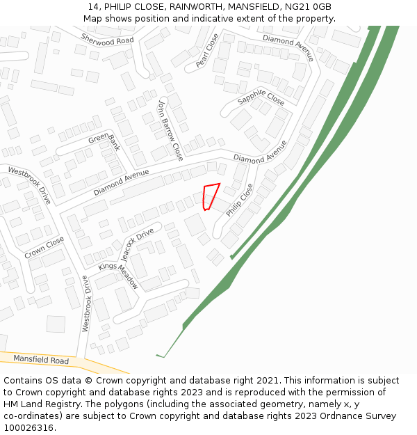 14, PHILIP CLOSE, RAINWORTH, MANSFIELD, NG21 0GB: Location map and indicative extent of plot