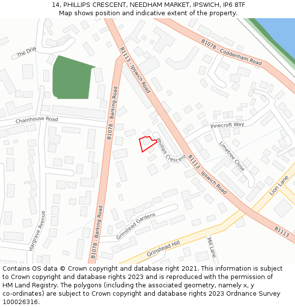 14, PHILLIPS CRESCENT, NEEDHAM MARKET, IPSWICH, IP6 8TF: Location map and indicative extent of plot