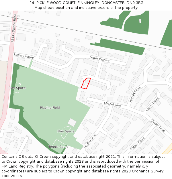 14, PICKLE WOOD COURT, FINNINGLEY, DONCASTER, DN9 3RG: Location map and indicative extent of plot