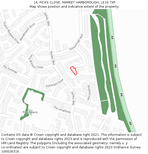 14, PICKS CLOSE, MARKET HARBOROUGH, LE16 7XP: Location map and indicative extent of plot