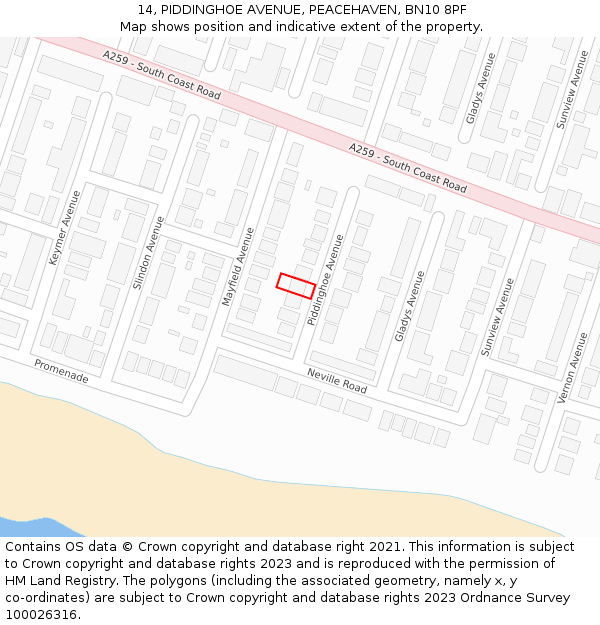 14, PIDDINGHOE AVENUE, PEACEHAVEN, BN10 8PF: Location map and indicative extent of plot