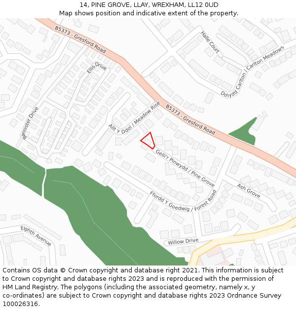 14, PINE GROVE, LLAY, WREXHAM, LL12 0UD: Location map and indicative extent of plot