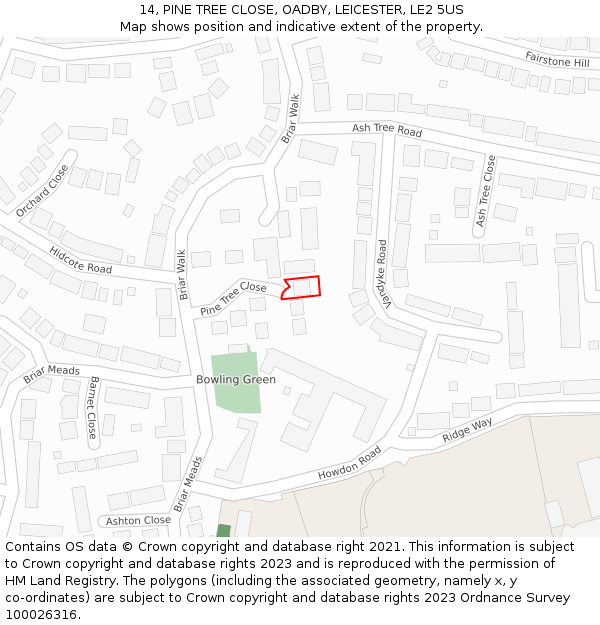 14, PINE TREE CLOSE, OADBY, LEICESTER, LE2 5US: Location map and indicative extent of plot