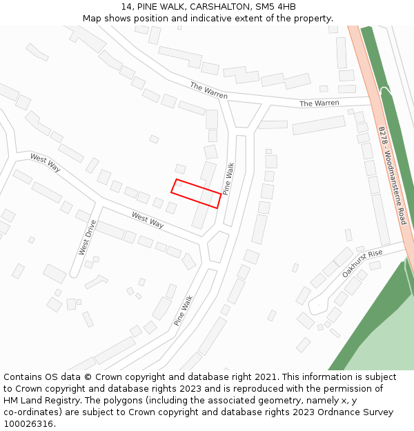 14, PINE WALK, CARSHALTON, SM5 4HB: Location map and indicative extent of plot